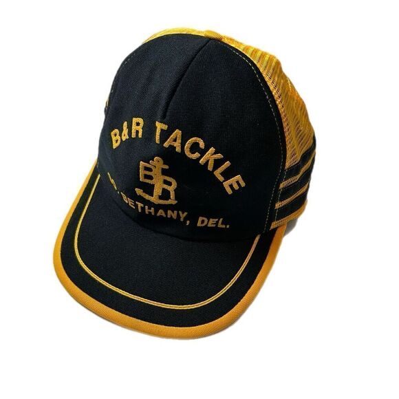 No Brand Other - Vtg 3 Three Stripe Trucker Hat Fishing Tackle Black Yellow Snapback Mesh Cap USA